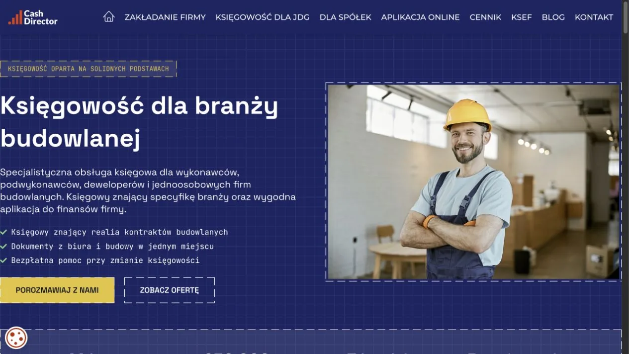 CashDirector — Accounting for Construction Companies landing page shown on desktop