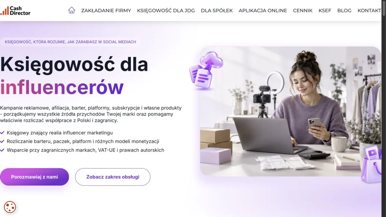 CashDirector — Accounting for Creators & Influencers landing page shown on desktop