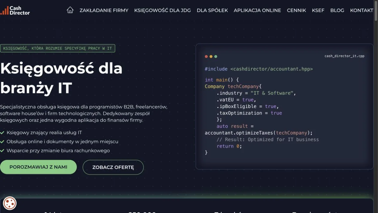 CashDirector — Accounting for the IT Industry landing page shown on desktop