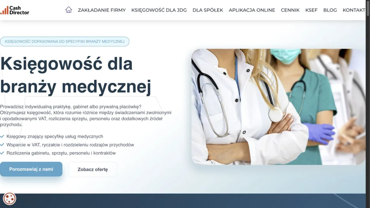 CashDirector — Accounting for Medical Professionals landing page shown on desktop