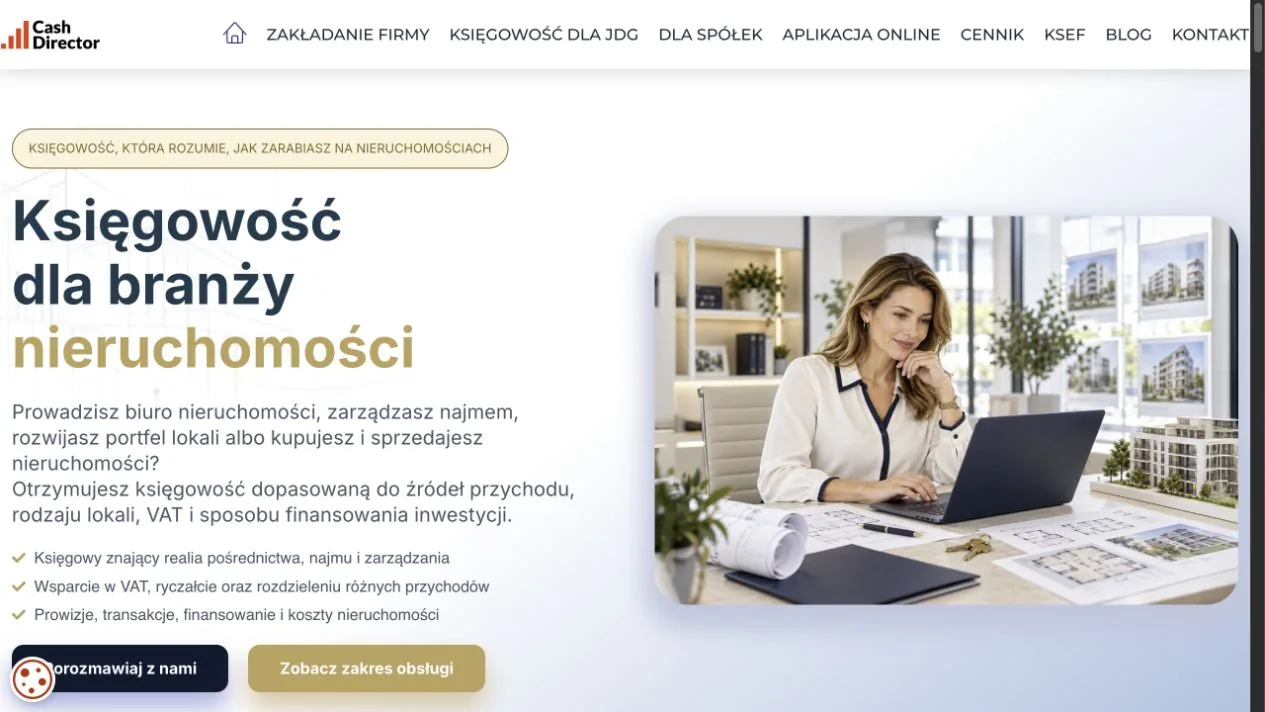 CashDirector — Accounting for the Real Estate Industry landing page shown on desktop