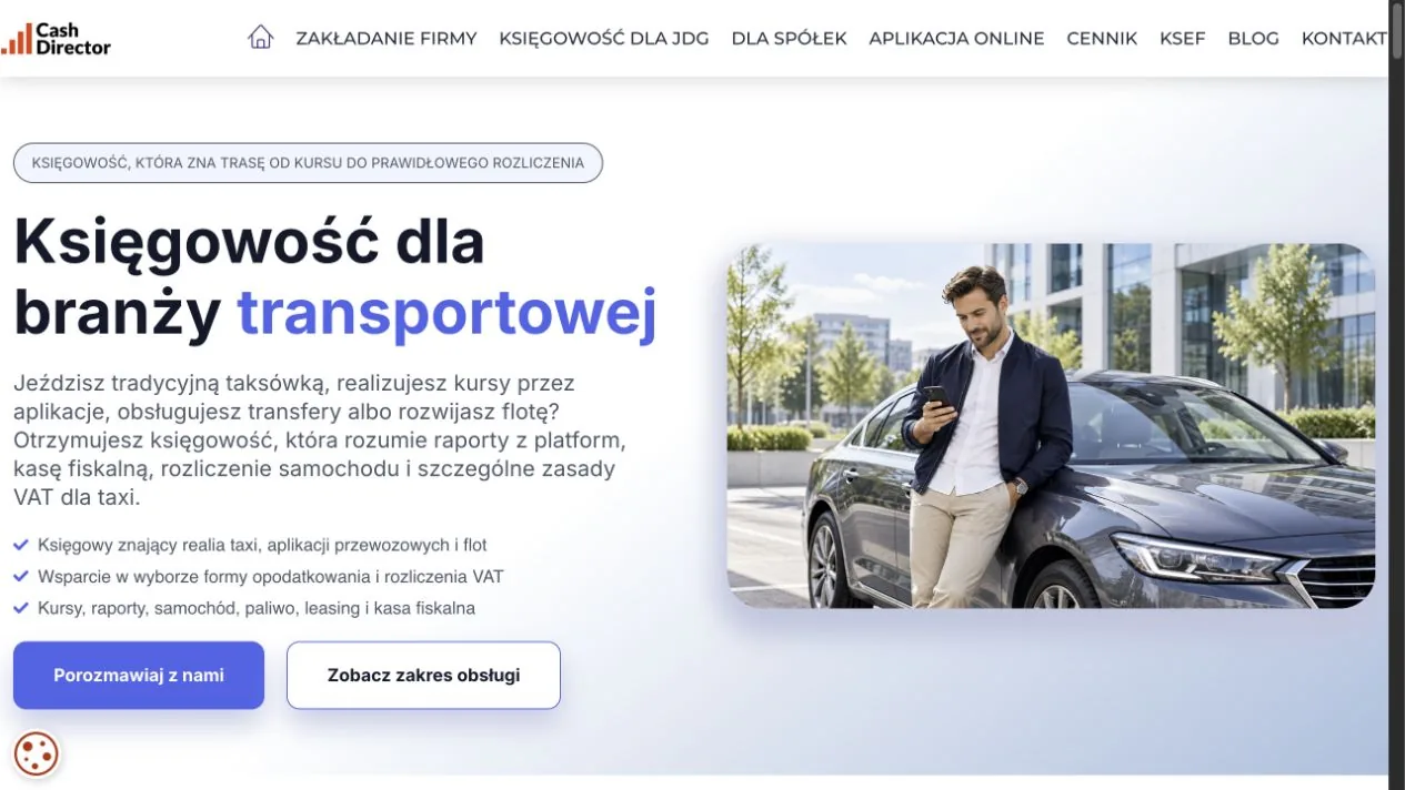 CashDirector — Accounting for Transport & Taxi Businesses landing page shown on desktop